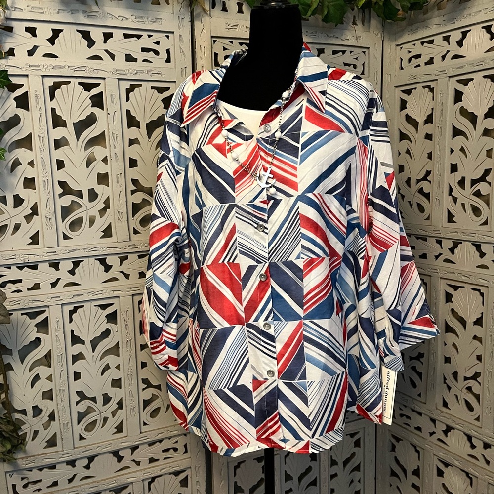 NWT! ALFRED DUNNER CLASSIC WHITE WITH RED & BLUE STRIPE PATTERN LONG SLEEVE TOP